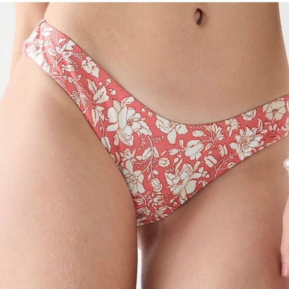 J Crew Pink White Floral Curved Waist Cheeky Bikini Bottom Sz M NWT - Picture 2 of 13